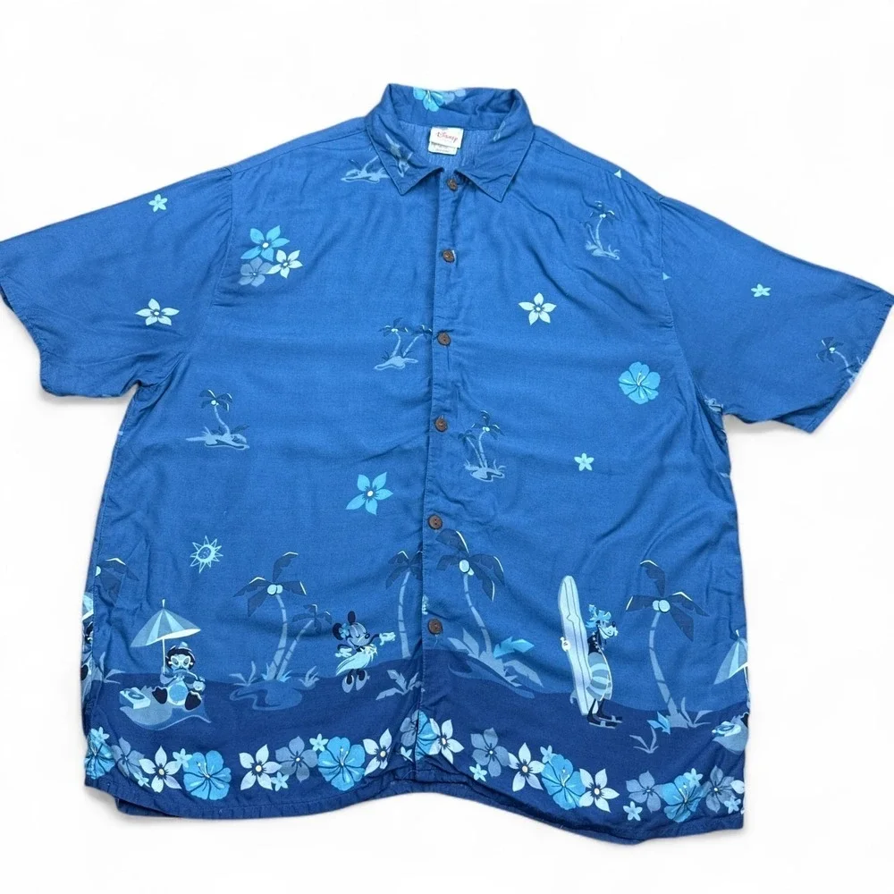 Disney Hawaiian Shirt Mens Size Large Blue AOP Button Up Donald Goofy‎ Minnie